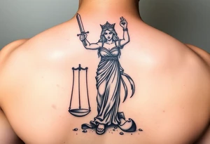 angry lady justice sword held high, broken scales under foot, sunlight shining on the darkness of injustice and corruption. ready to fight against the corruption of the system tattoo idea