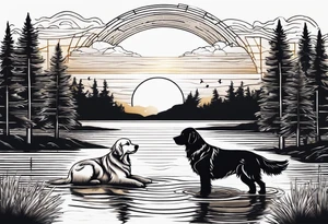 a sunset with two pine trees , a pond and a golden retriever and a Texas theme tattoo idea