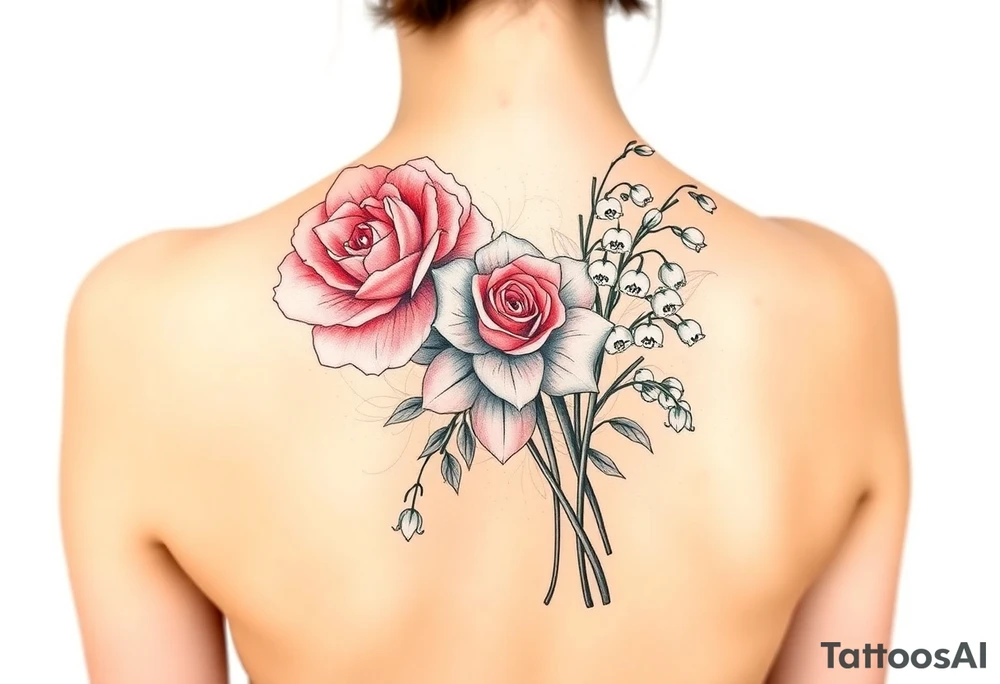 Bouquet of flowers with a carnation, rose, Lily of the valley, delphinium with stems Starting upper middle back to right shoulder tattoo idea