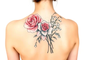 Bouquet of flowers with a carnation, rose, Lily of the valley, delphinium with stems Starting upper middle back to right shoulder tattoo idea