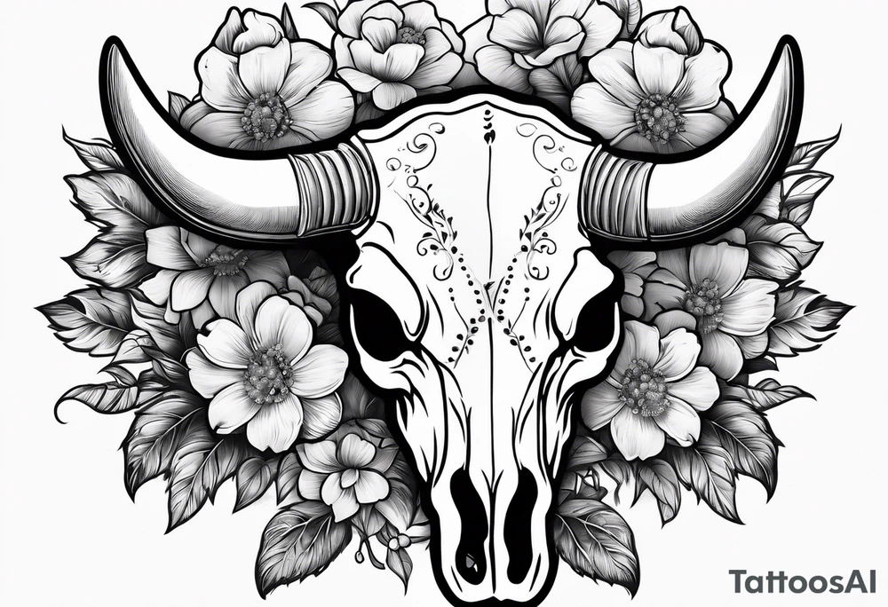 bull skull with flowers tattoo idea
