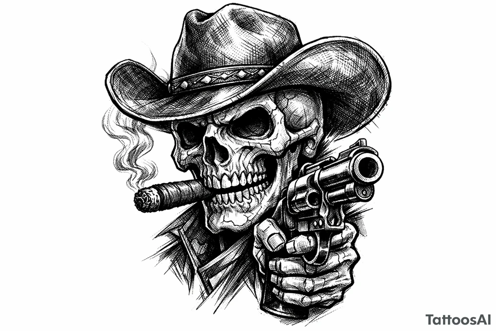 skull with cowboy-hat,a big cigar in his mouth and a gun in a hand. tattoo idea