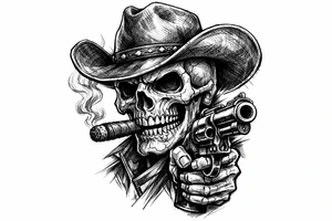 skull with cowboy-hat,a big cigar in his mouth and a gun in a hand. tattoo idea