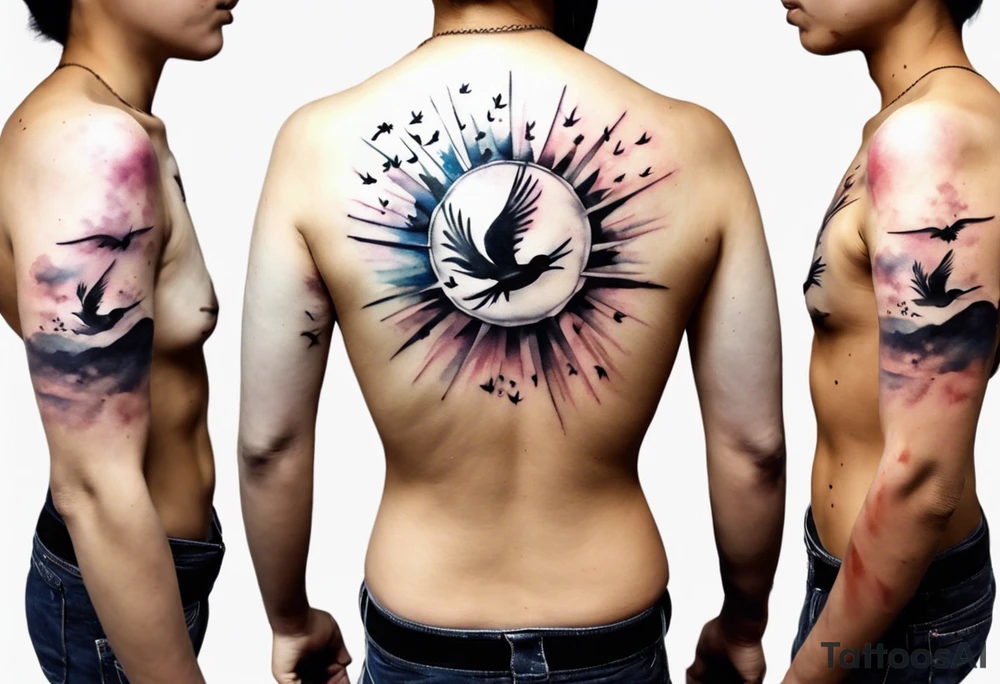 a shoulder round shape tattoo with lots of rays of light in gradient starting from the middle, birds flying free between clouds tattoo idea