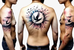 a shoulder round shape tattoo with lots of rays of light in gradient starting from the middle, birds flying free between clouds tattoo idea