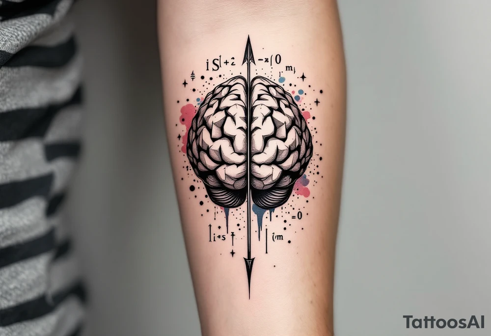 A front-seen brain in geometric and straight lines, math symbols arround. A detailed arrow crosses from below and exit from the top, with its tip desintegrating to represent entropy and watercolor stains spilled from the arrow. Around of the main tattoo, math and physics formulas, including the formula "ΔS ≥ 0" and the formula "(iδ + m) Φ = 0" tattoo idea