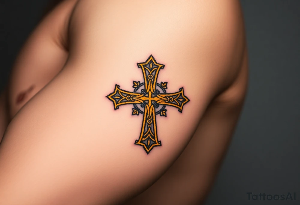 A golden Templar cross with filigree patterns, glowing against tattoo idea A golden Templar cross with filigree patterns, glowing against tattoo idea