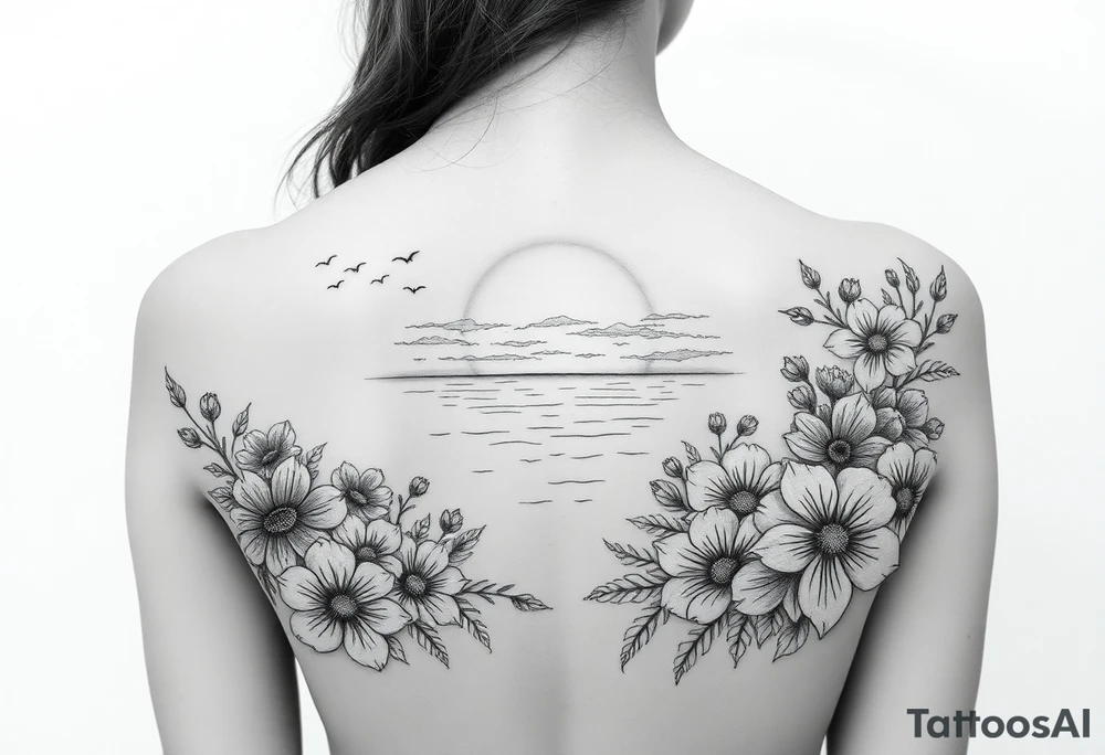 Ocean sunset view from the beach with lots of florals and ocean life and nature tattoo idea