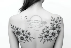 Ocean sunset view from the beach with lots of florals and ocean life and nature tattoo idea
