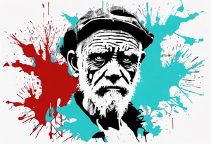 BANKSY ART STYLE,  cyan and red, acquarel, abstract, damage done, Darwin, abstract, tattoo idea