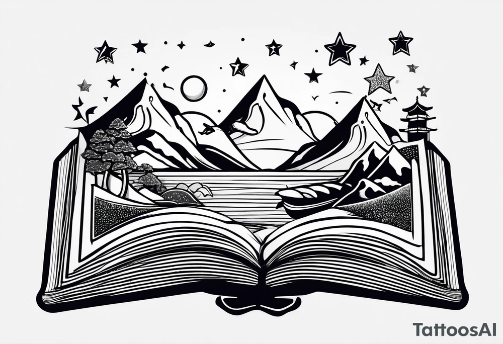 Open book with stars and mountains in a cartoon minimalistic design. Incorporate sushi rolls subtly tattoo idea