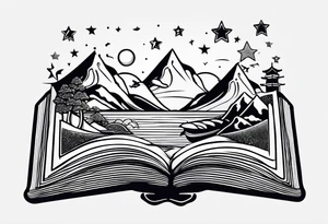 Open book with stars and mountains in a cartoon minimalistic design. Incorporate sushi rolls subtly tattoo idea