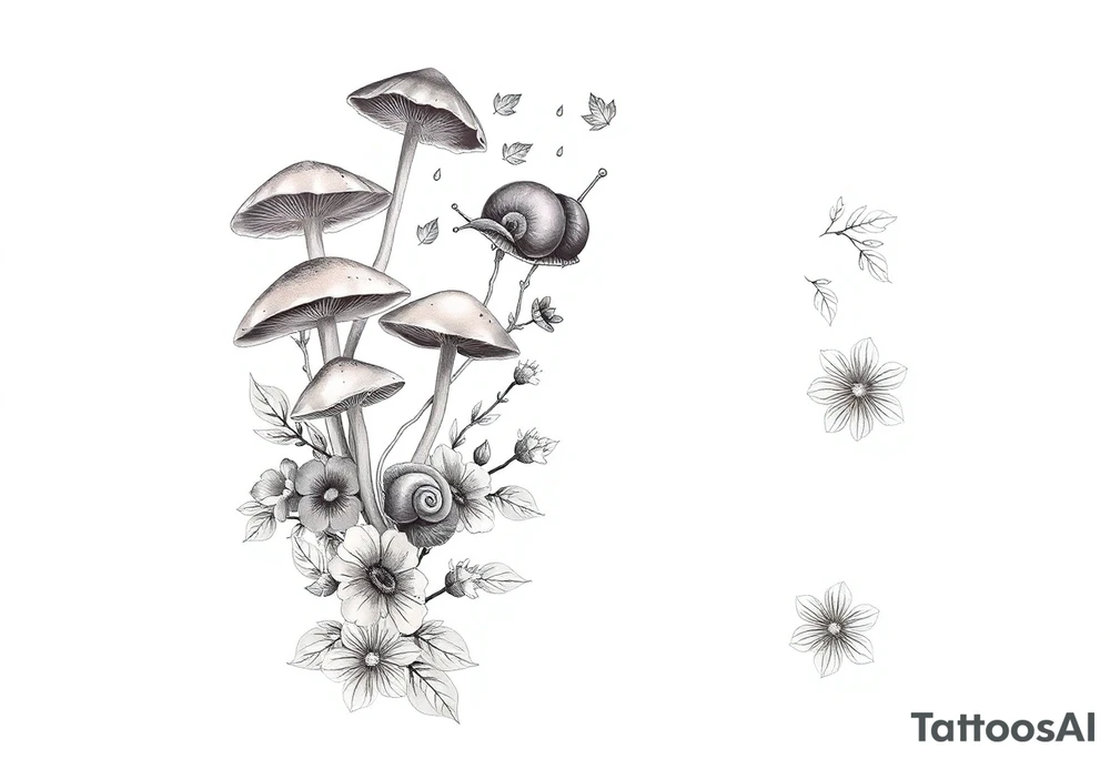 Fall themed sleeve with mushrooms, a snail, some falling leaves off tree branches, falling rain, and fall themed flowers as background filler tattoo idea