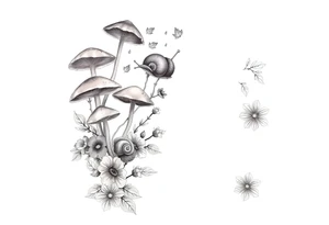 Fall themed sleeve with mushrooms, a snail, some falling leaves off tree branches, falling rain, and fall themed flowers as background filler tattoo idea