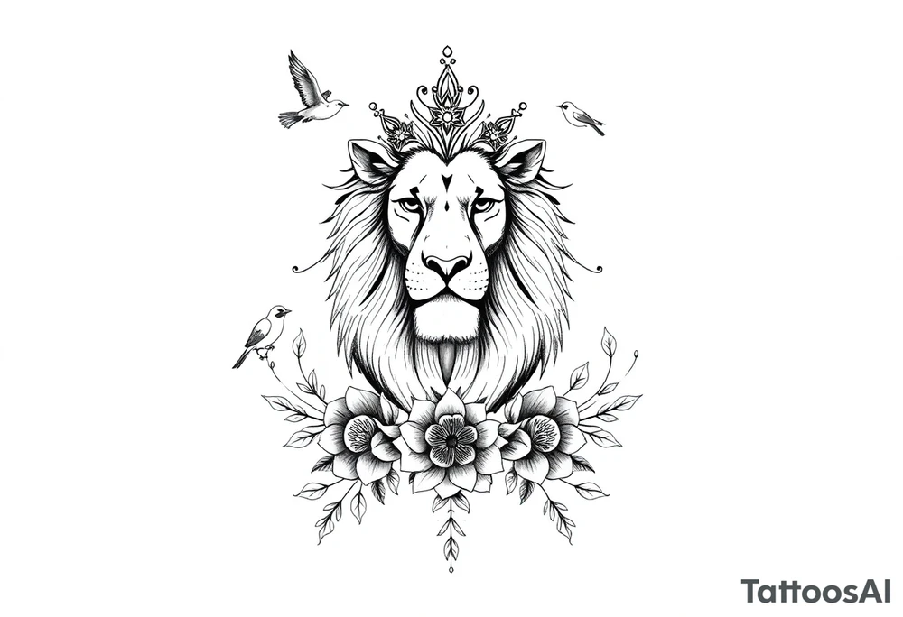 powerful majestic lion with a crown, surrounded by floral ornaments and birds tattoo idea