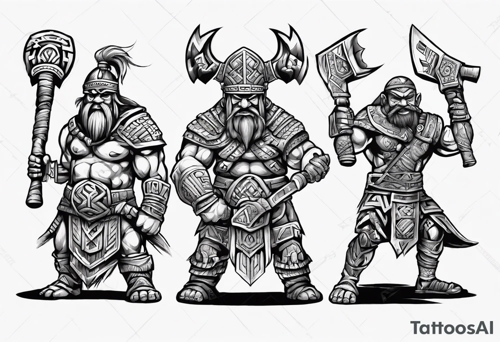 dwarven warrior with a war axe and giant Aztec warrior fighting against each other tattoo idea