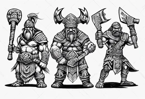 dwarven warrior with a war axe and giant Aztec warrior fighting against each other tattoo idea