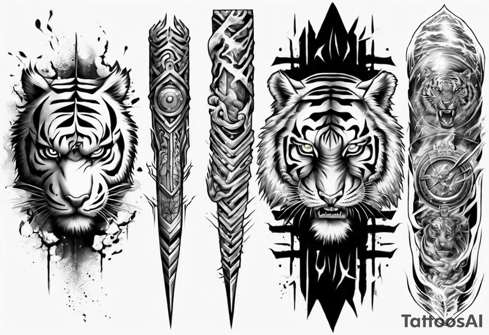 Tiger Warrior sleeve tattoo with lightning and the sun
Forearm sleeve tattoo idea