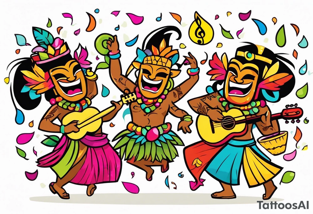 tiki party with dancing tiki guys and sexy tiki girls with music notes and confetti tattoo idea