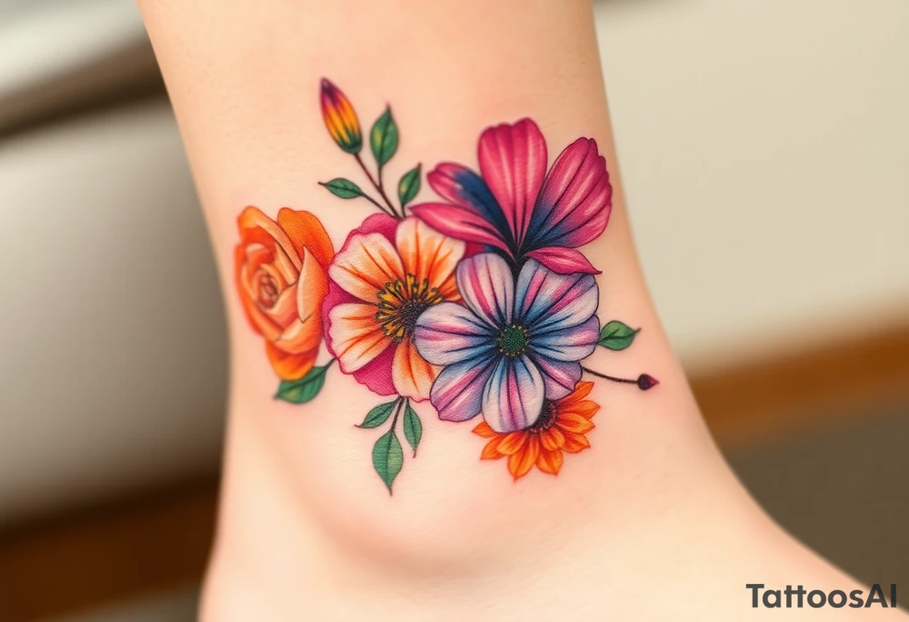 a vibrant, watercolor tattoo with one rose, one lily, one marigold, and one cosmos flower tattoo idea