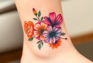 a vibrant, watercolor tattoo with one rose, one lily, one marigold, and one cosmos flower tattoo idea