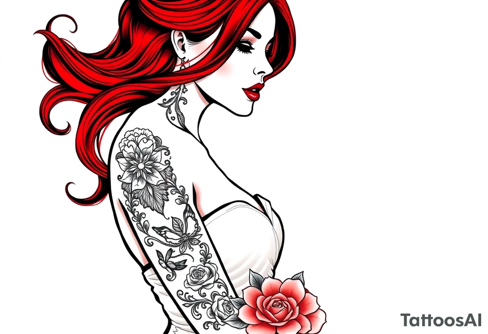 Woman with long red hair and red lipstick with lots of tattoos in her wedding dress tattoo idea