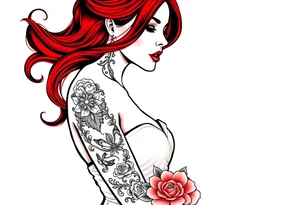 Woman with long red hair and red lipstick with lots of tattoos in her wedding dress tattoo idea