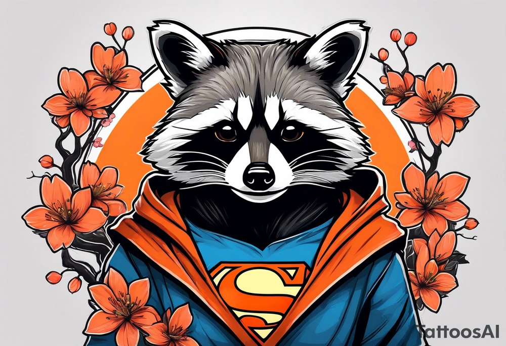 Raccoon wearing a white Superman logo on a black hoodie and orange Japanese cherry blossoms tattoo idea