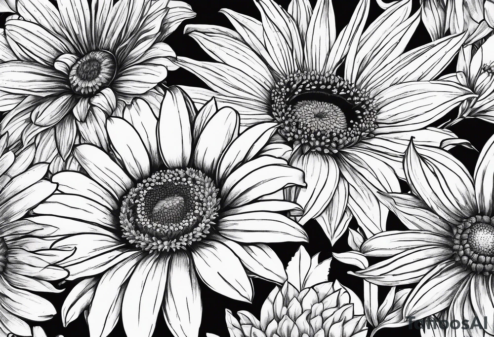 fine line drawing of gerber daisy lilies and sunflowers with a bee and a lady bug tattoo idea