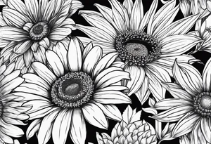 fine line drawing of gerber daisy lilies and sunflowers with a bee and a lady bug tattoo idea