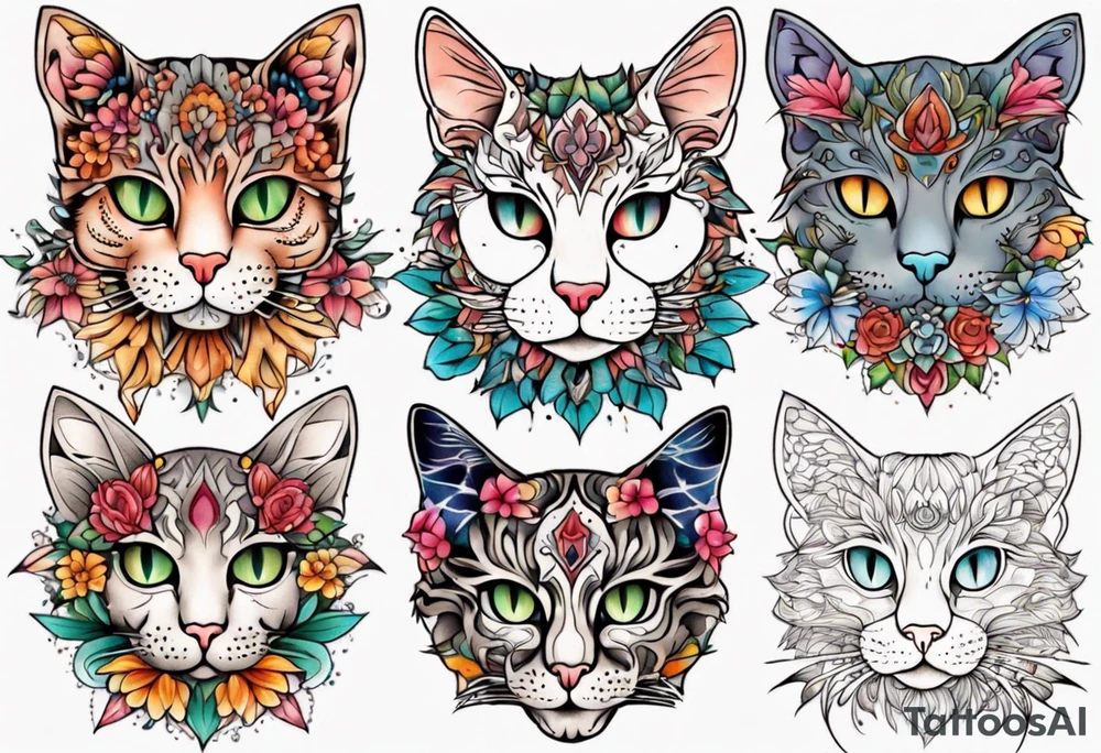 Cat colored flowers Mandala tattoo idea