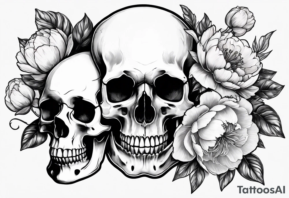 Human skull and horse skull with delicate peonies. tattoo idea