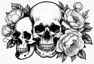 Human skull and horse skull with delicate peonies. tattoo idea