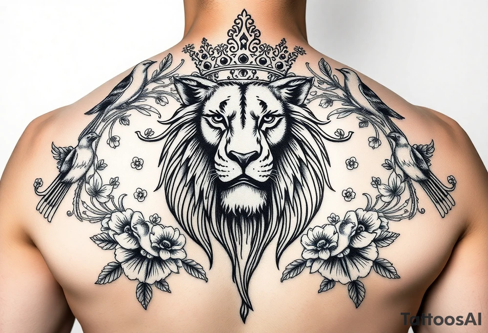 powerful majestic lion with a crown, surrounded by floral ornaments and birds tattoo idea