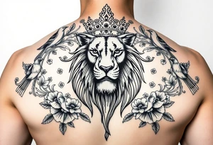 powerful majestic lion with a crown, surrounded by floral ornaments and birds tattoo idea
