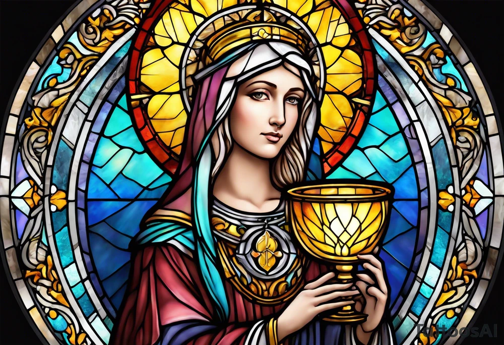 holy saint woman with halo stained glass holding a chalice tattoo idea