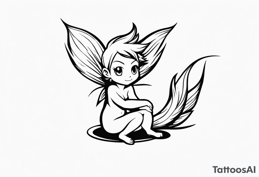 A fairy with a tail inspired by the logo of the show called Fairy Tail in a fetal position leaning with no ears tattoo idea