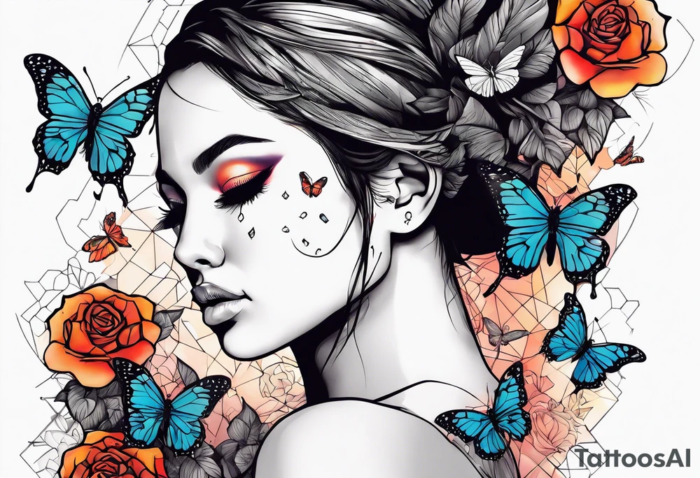 Sunset, rose, butterflies, dragonflies, woman half face with tears tattoo idea