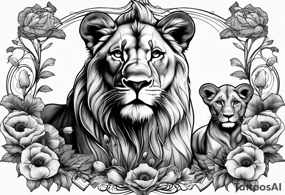 lioness and two poppy lion cubs tattoo idea