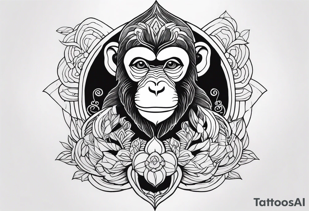 middle of the chest, minimalistic not detailed monkey and calming energies natural flow tattoo idea