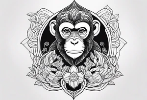 middle of the chest, minimalistic not detailed monkey and calming energies natural flow tattoo idea