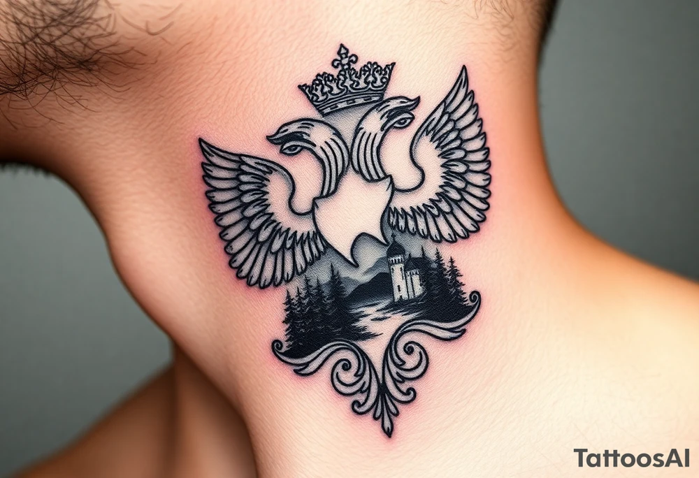 Traditional authentic Russian coat of arms with double headed eagle & a well shaded Christian orthodox virgin marry in the middle with silhouette of a lake in a Russian wilderness Christian orthodoxy dome church village setting on the side of my neck tattoo idea