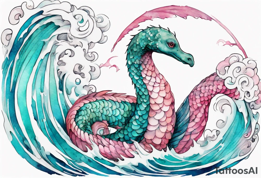 a beautiful feathered Nessie with turquoise and pink scales emerging from the waves tattoo idea