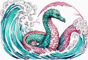 a beautiful feathered Nessie with turquoise and pink scales emerging from the waves tattoo idea