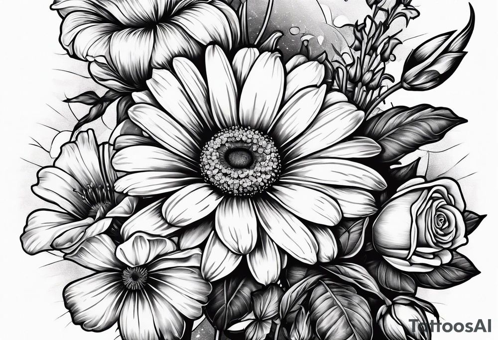 A vintage vertical design of a daisy and a rose with gladiolus flowers and poppies weaving through the daisy and rose tattoo idea