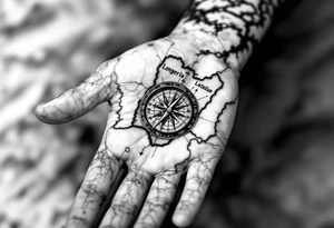 Compass on the back of the palm in the shape of Nigeria with longitude written on the top and latitude written on the bottom. Draw lines from a treasure map connecting from the arm to the tattoo tattoo idea