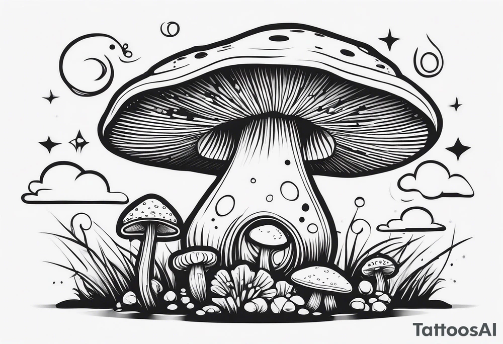 Alien,  mushroom, cartoon style tattoo idea