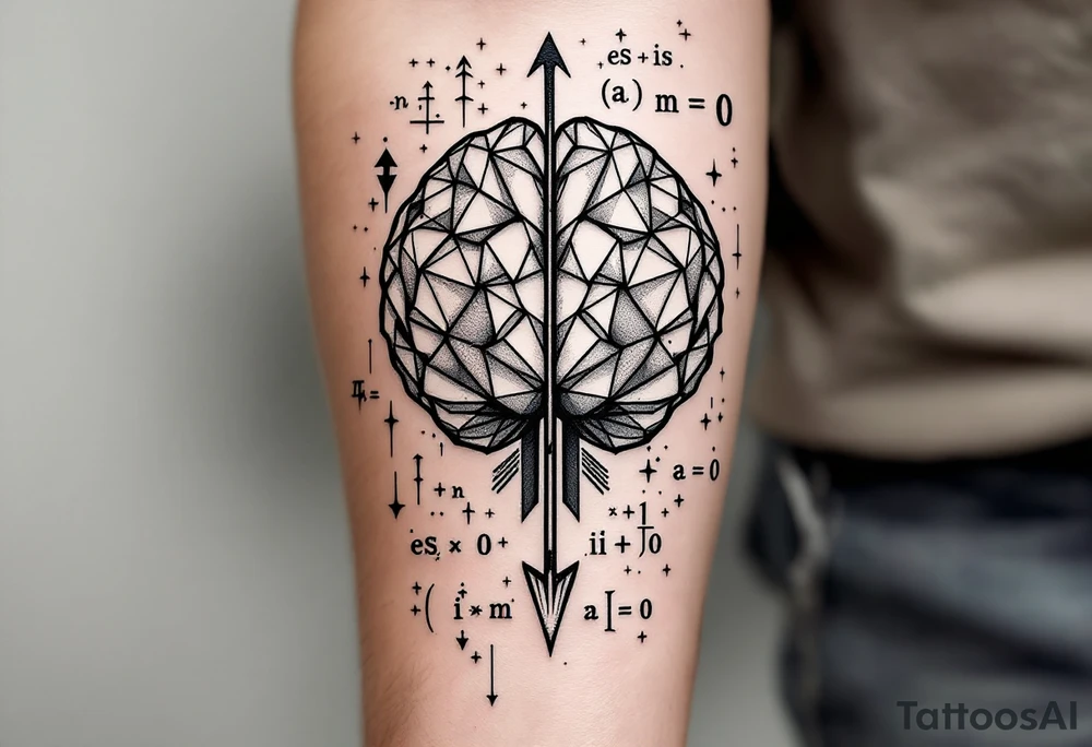 A vertical front-seen brain in geometric and straight lines, math symbols arround. A detailed arrow crosses from below and exit from the top, with its tip desintegrating to represent entropy and watercolor stains spilled from the arrow. Around of the main tattoo, math and physics formulas, including the formulas "ΔS ≥ 0" and "(iδ + m) Φ = 0" tattoo idea