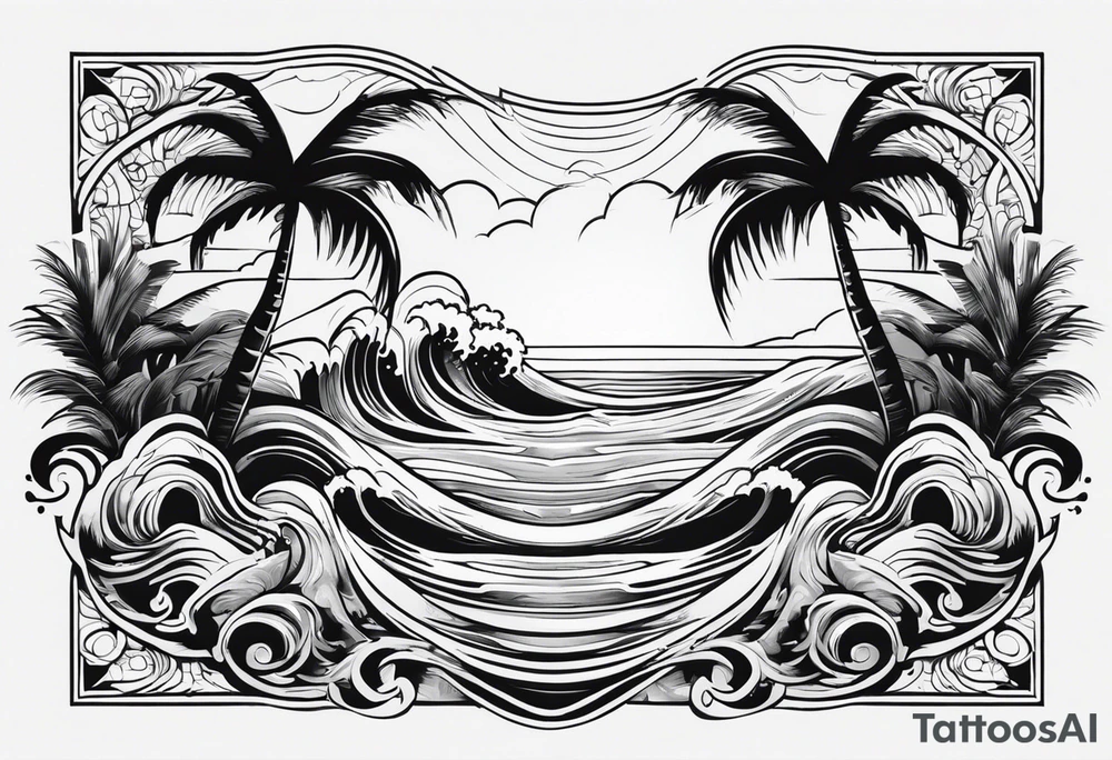 Design a large chest tattoo featuring a crashing wave at the center, with palm trees gracefully positioned on either side. The ocean’s curves should integrate names written in flowing script, resembling water movements. The overall style is serene and meaningful, combining family elements with nature. tattoo idea