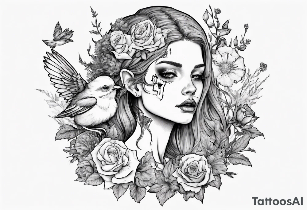 Elf carrying her dead bird in a flower medow tattoo idea